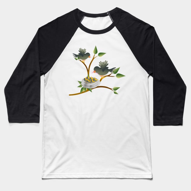 Bird with a worm perched on a tree with nest with young nestlings chirping for food. Baseball T-Shirt by ikshvaku